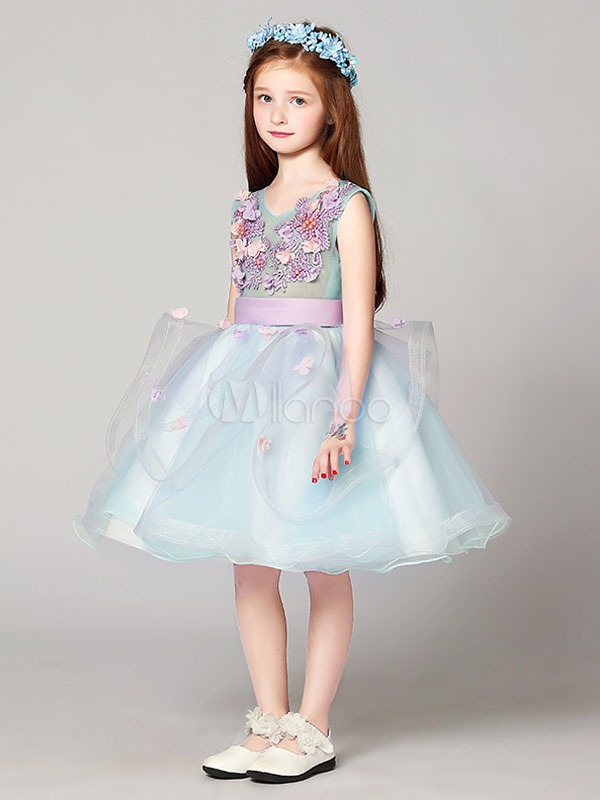 Flower Girl Dresses Organza Applique Tutu Dress V Neck Pastel Blue Sash ...