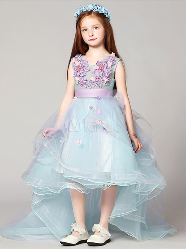 Flower Girl Dresses High Low Applique Sash Organza V Neck Pastel Blue ...