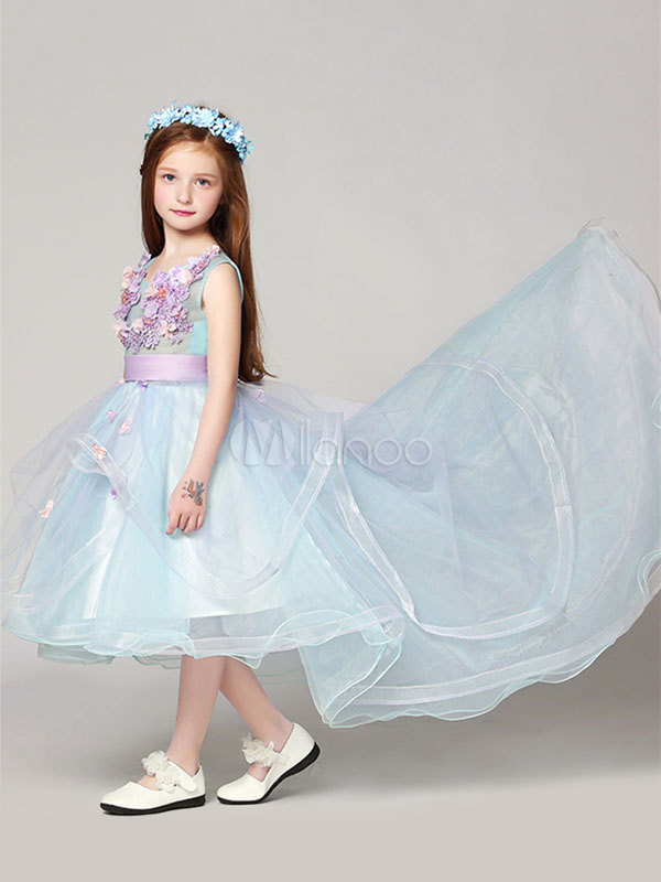 Flower Girl Dresses High Low Applique Sash Organza V Neck Pastel Blue ...