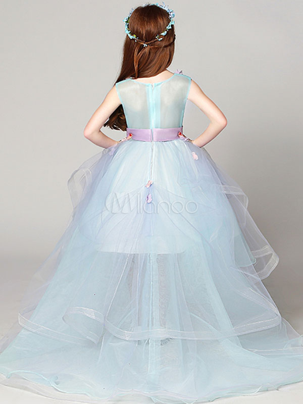 Flower Girl Dresses High Low Applique Sash Organza V Neck Pastel Blue