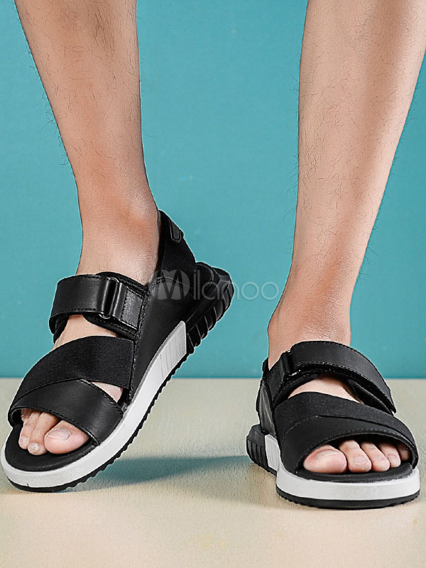 Black Flat Sandals Men's Open Toe Velcro Detail Slip On Sandal Shoes ...