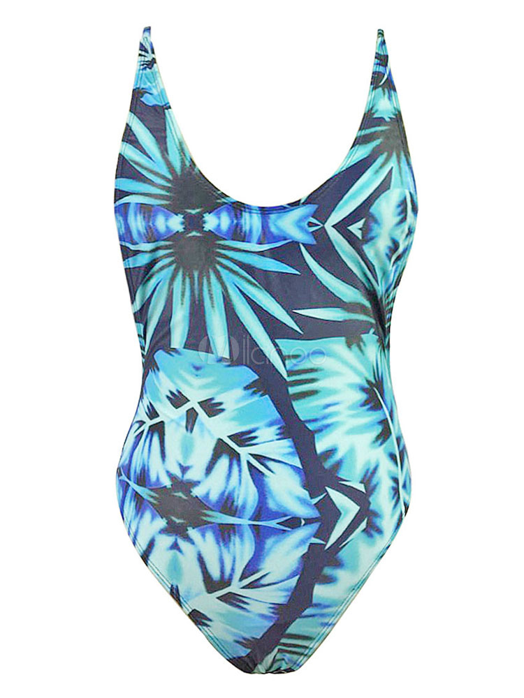 One Piece Swimsuit Backless Printed U Neck Womens Teal Bathing Suits 7118