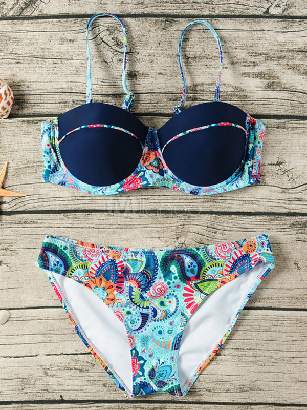 Blue Bikini Set Boho Printed Womens Bathing Suits Spaghetti Straps Beach Swimwear 