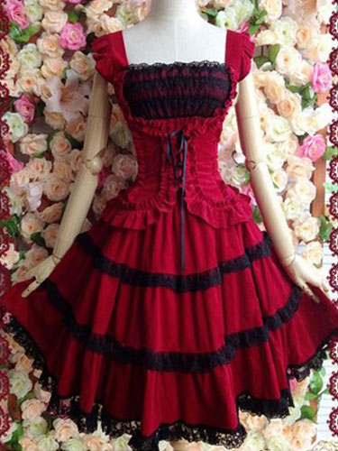 Robe à bretelles lolita éblouissante en 100% coton rouge bicolore à volants Robe A Bretelles Sans Manches Déguisements Halloween