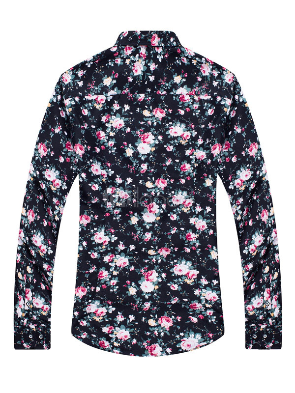 Black Cotton Shirt Men's Turndown Collar Long Sleeve Floral Printed ...