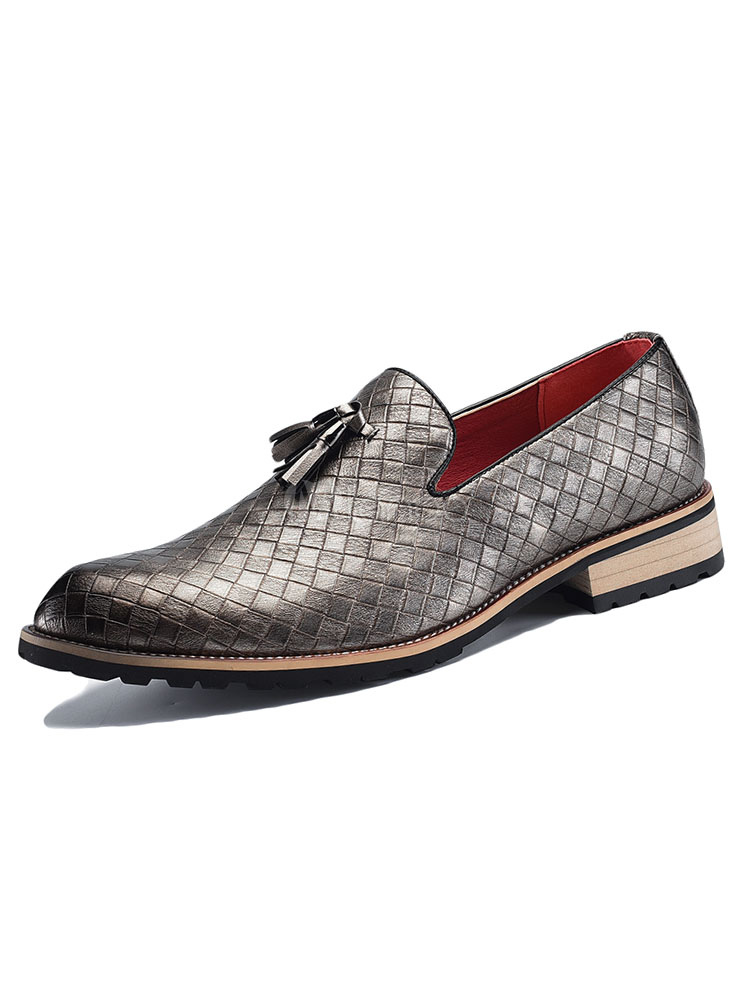 Grey Dress Shoes Men's Pointed Toe Plaid Slip On Shoes With Tassels ...