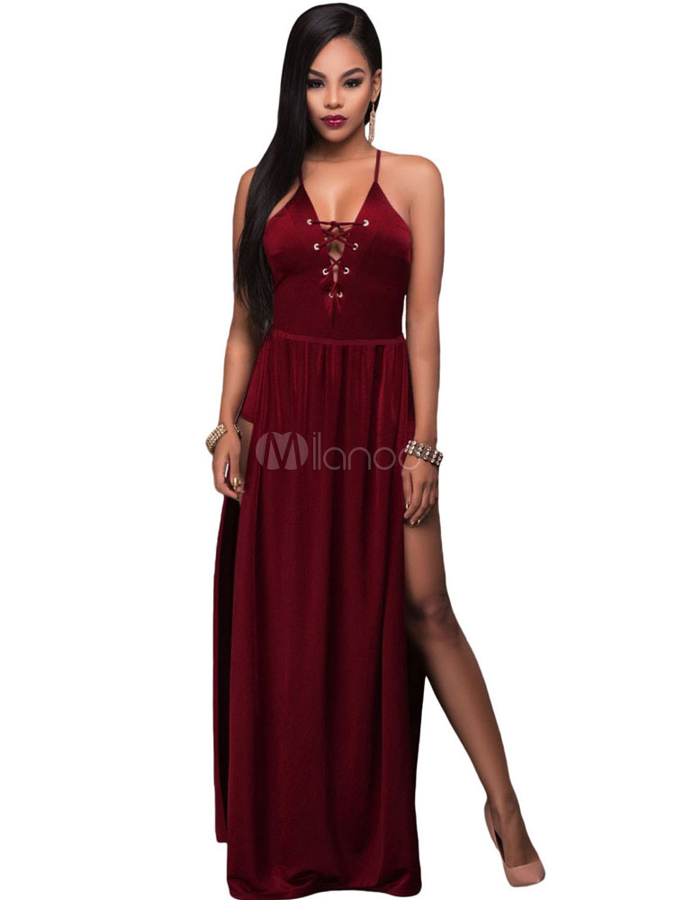 Vestito maxi dal velluto Vestito lungo da slip lungo delle donne Backless  di Borgogna alta suddivisa sexy - Milanoo.com