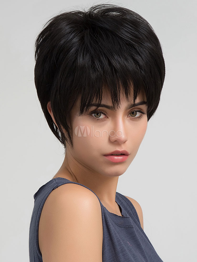 Black Human Hair Wigs Women's Short Layered Hair Wigs With Bangs - Black Human Hair Wigs Women's Short Layered Hair Wigs With Bangs -