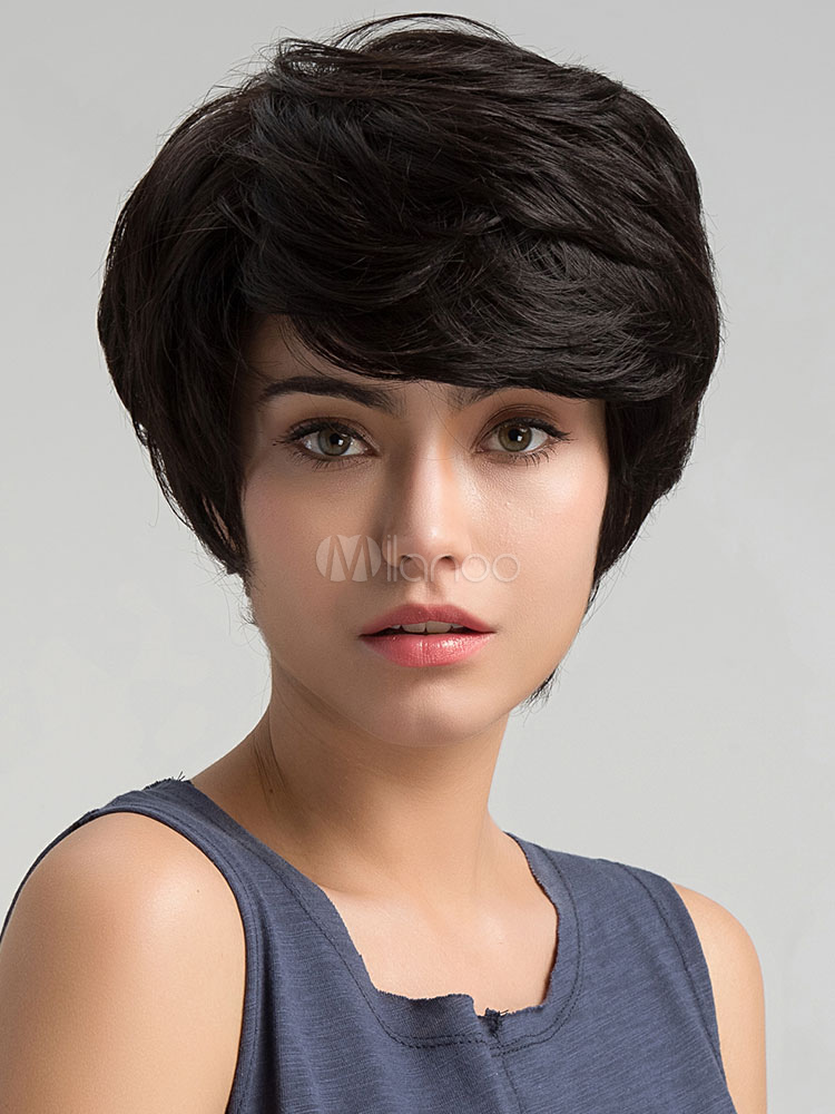 Black Human Hair Wigs Women S Layered Short Hair Wigs With Bangs