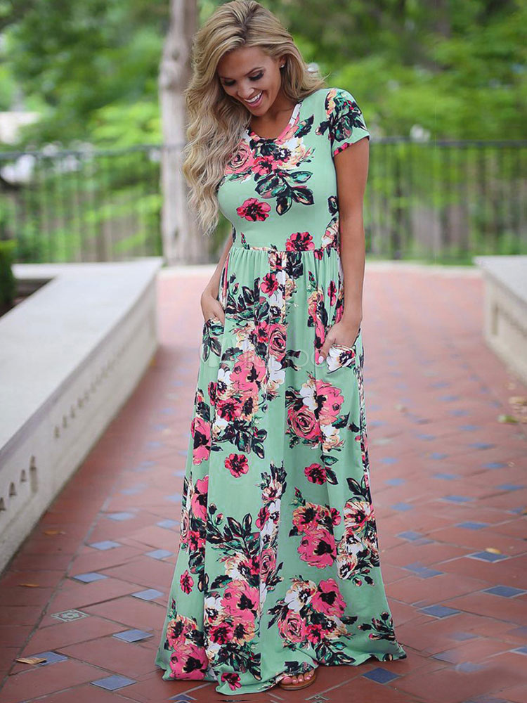 Women's Maxi Dresses Floral Print Avocado Green Short Sleeve Women's ...