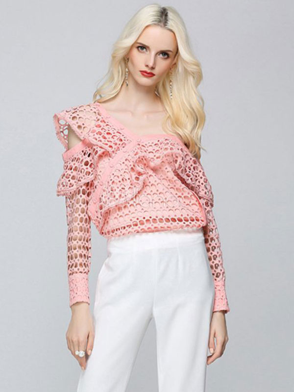 Women's White Blouse Asymmetrical Neckline Long Sleeve Cut Out Casual ...