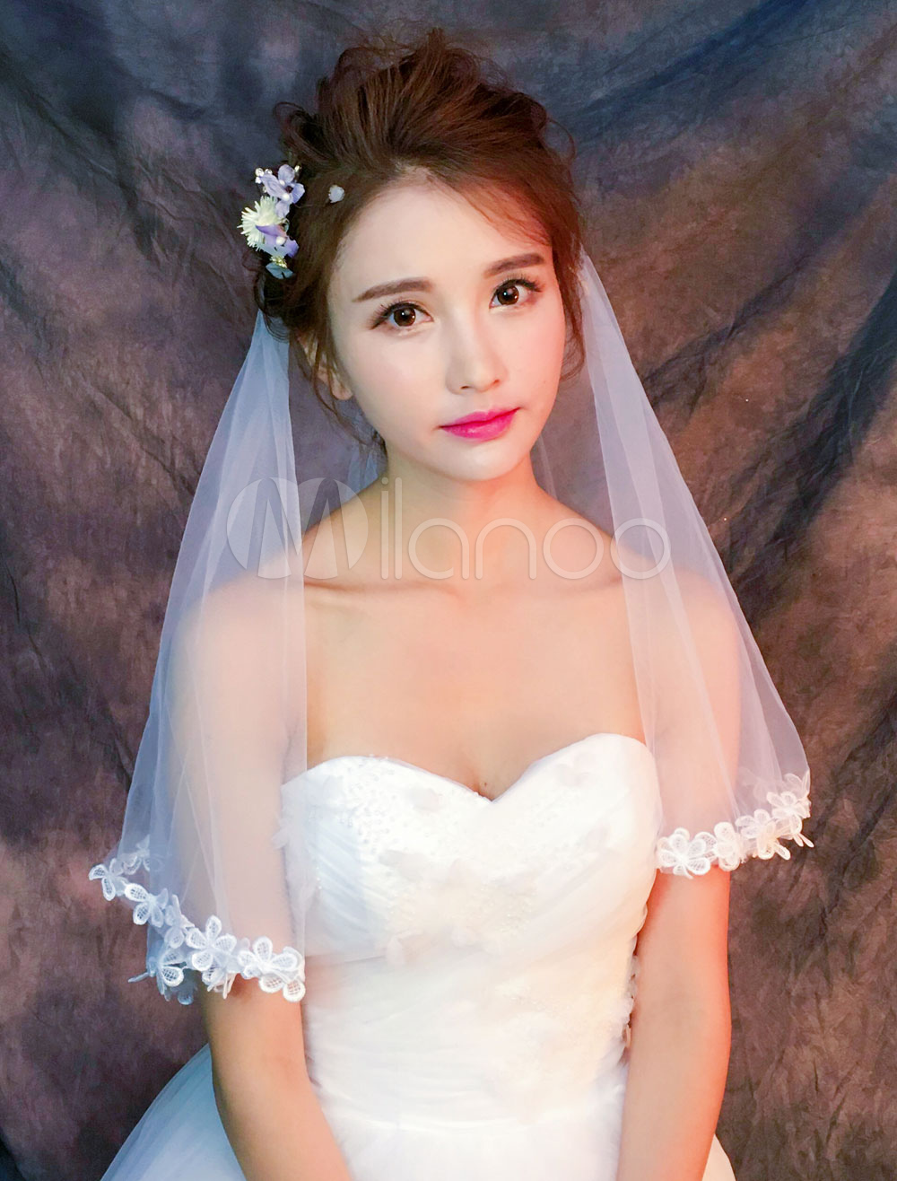 Wedding Bridal Veil Lace Flowers Applique Edge 2 Tier Ivory Elbow Length Veil 0165