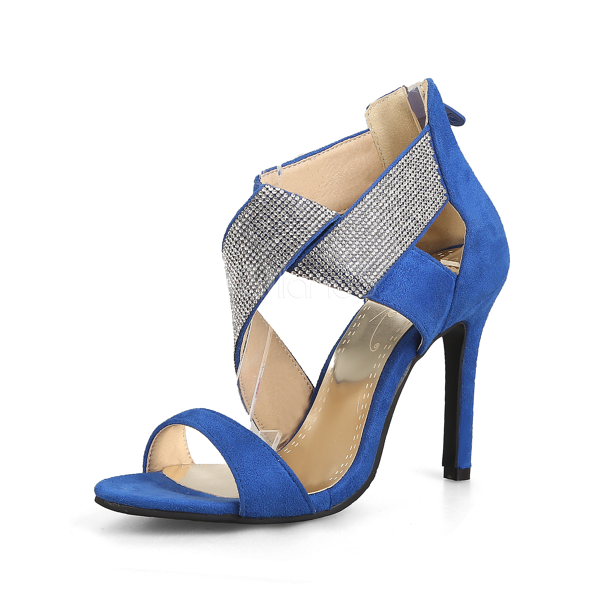 High Heel Sandals Suede Blue Open Toe Rhinestones Beaded Dress Sandals ...