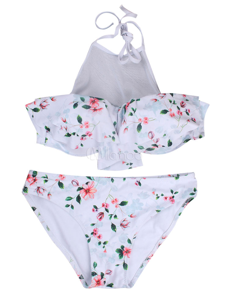 Beau maillot de bain 2 pièces de plage en acrylique blanc impression multicouche à licou avec