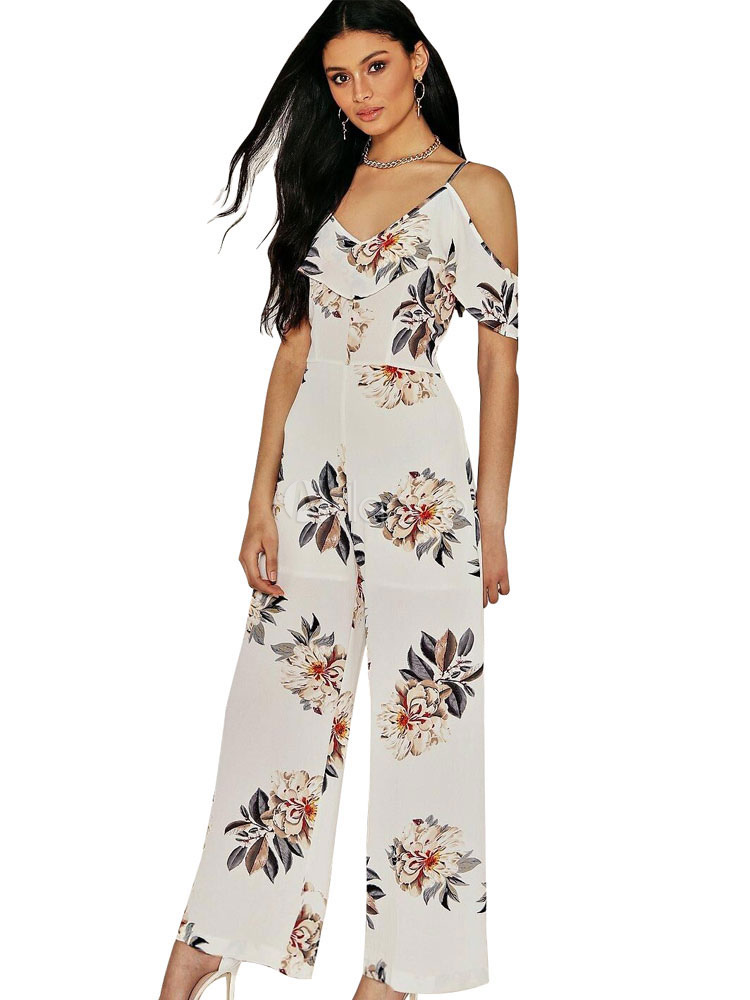 Jumpsuit Damen Overall Kurzarm und Trägern und Printmuster Weiß