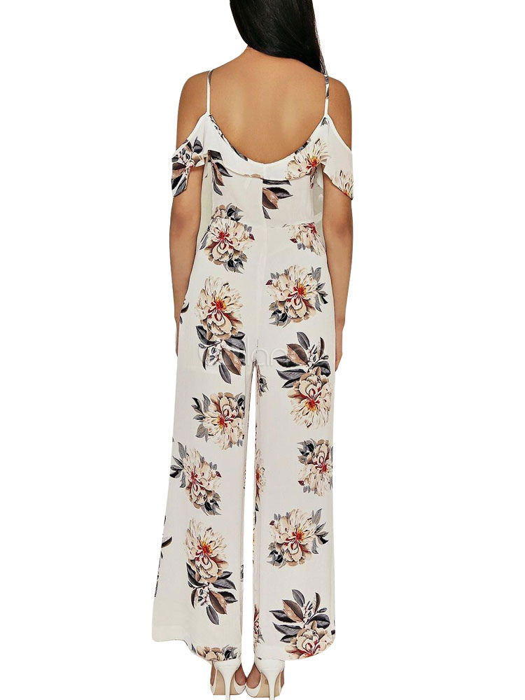 Jumpsuit Damen Overall Kurzarm und Trägern und Printmuster Weiß