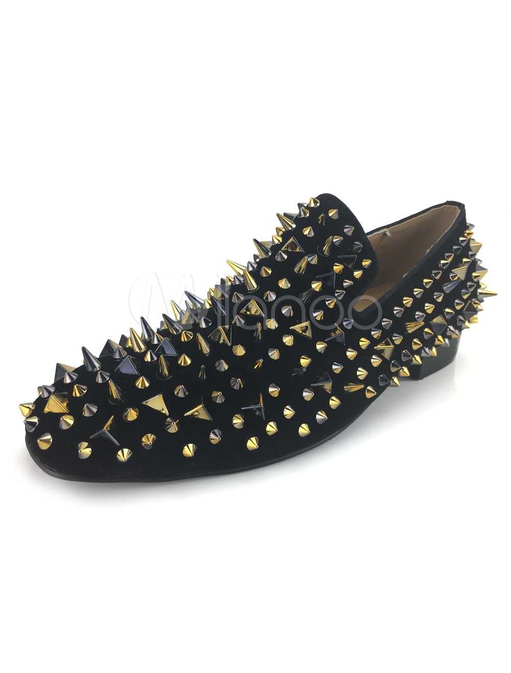 Men Gold Spike Loafers Black Leather Prom Shoes 