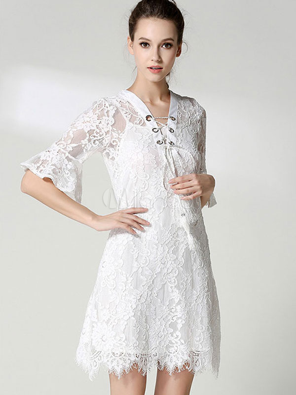 White Lace Dress V Neck Half Sleeve Semi Sheer Women's Summer Dresses ...