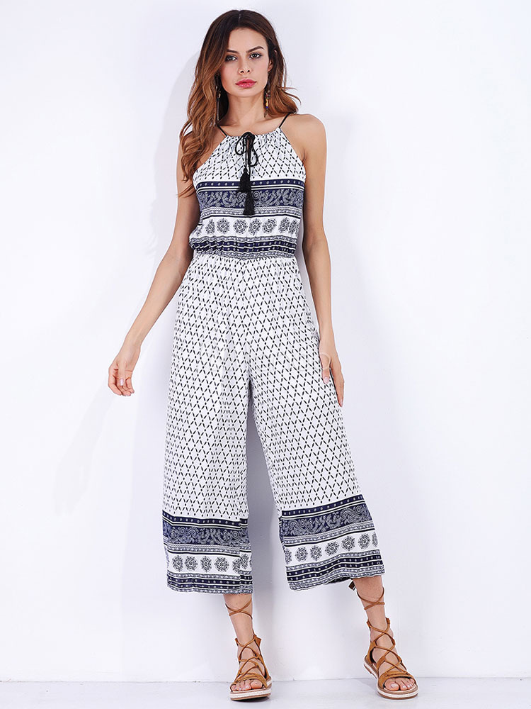 White Boho Jumpsuit Halter Chiffon Print Front Tie Wide Leg Women's ...