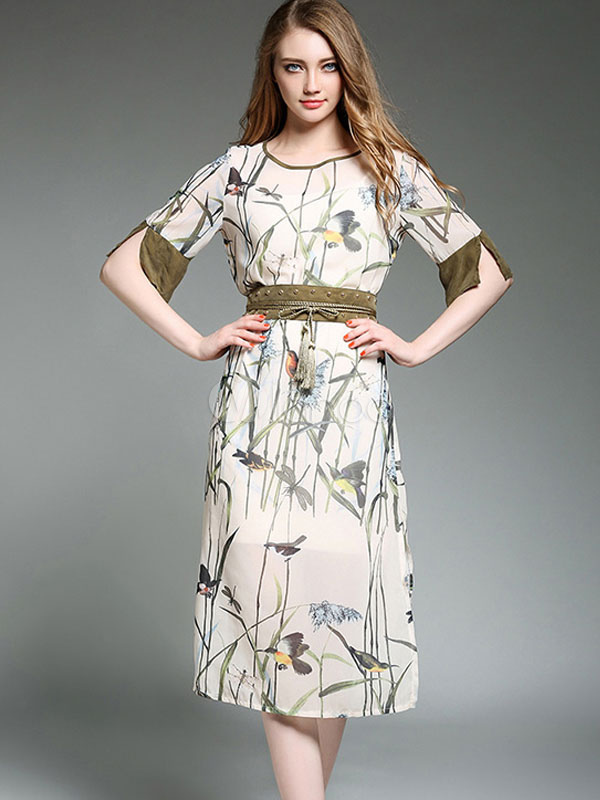 Resistente combinación Talentoso Women's Skater Dress Round Neck Chiffon Floral Print Half Sleeve Summer  Dresses - Milanoo.com