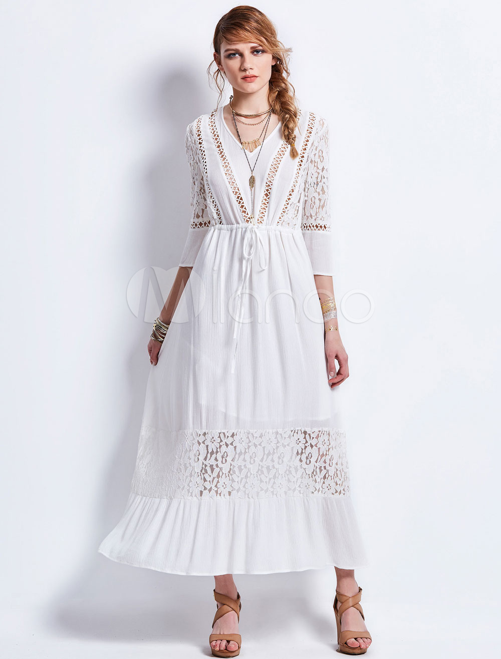 White Maxi Dress Women Long Sleeve V Neck Semi Sheer Summer Dresses ...