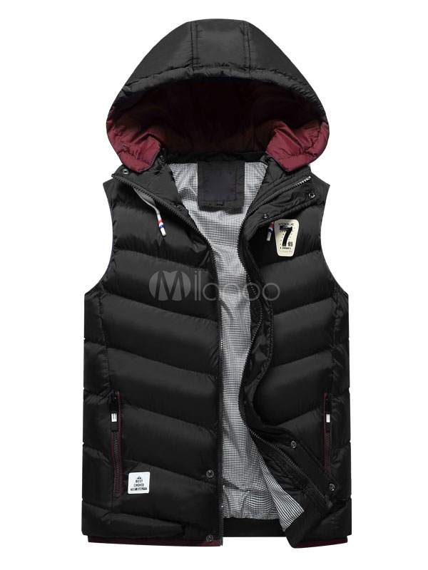Blue Quilted Jacket Hooded Sleeveless Logo Print Zip Up Slim Fit Men's ...