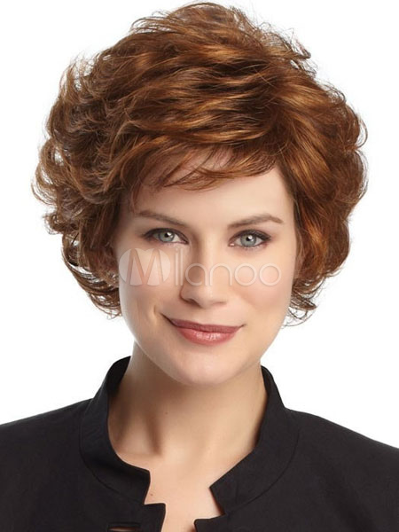 Human Hair Wigs Women Side Swept Bangs Tousled Brown Short Curly