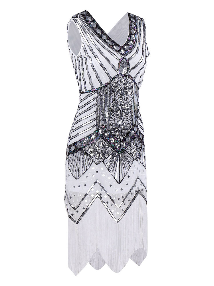 Black Flapper Dress Sequined Fringe Glitter V Neck Sleeveless Women ...