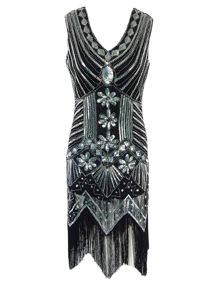 Black Flapper Dress Sequined Fringe Glitter V Neck Sleeveless Women ...