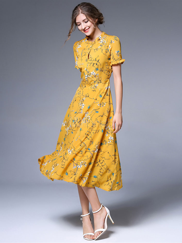 Yellow Skater Dress Round Neck Short Sleeve Chiffon Floral Print Women ...