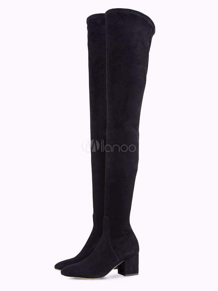 low heel thigh black suede boots