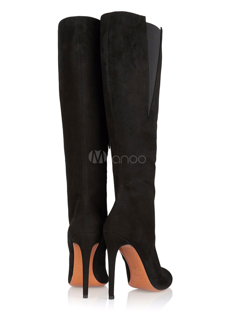 Black Suede High Heel Boots Women's Pointed Toe Wide Calf Boots