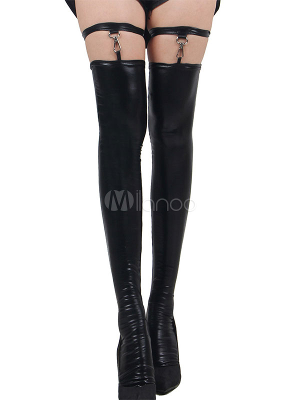 Black Sexy Stockings Metal Buckled Cut Out Tight Women's Bedroom ...