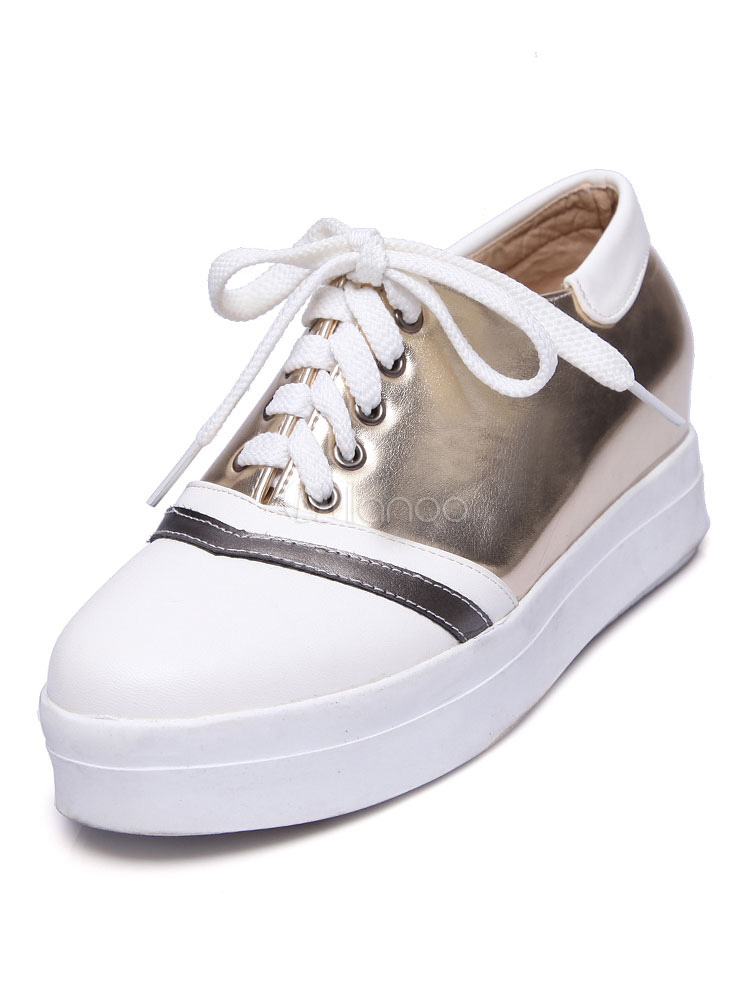 Gold Casual Shoes Women's Round Toe Lace Up Flat Shoes