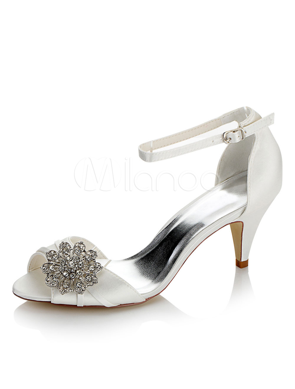 White Wedding Shoes Satin Peep Toe Rhinestones Ankle Strap Bridal Shoes ...