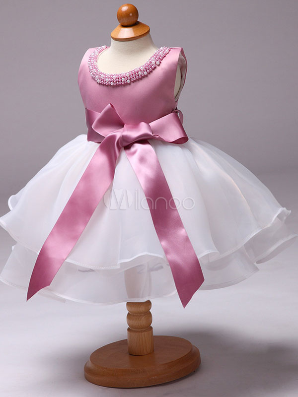 Flower Girl Dresses Princess Pink Pearls Satin Organza Ribbon Bow