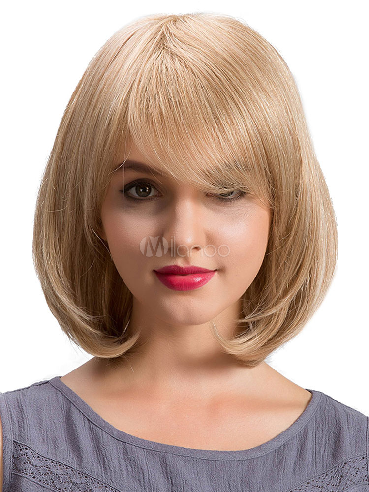 Human Hair Wigs Bobs Cut Side Swept Bangs Layered Women S Short