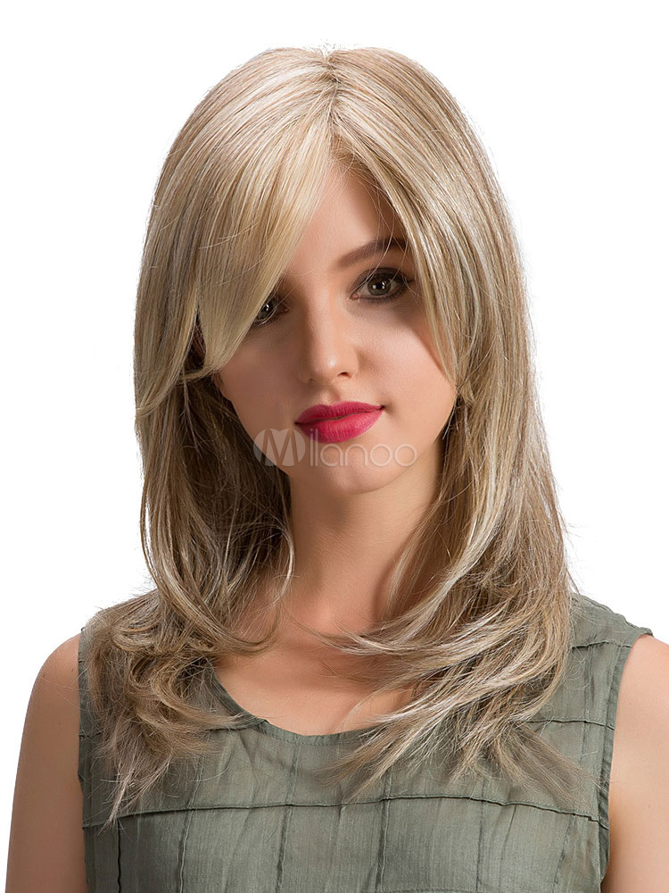 long blonde wig with side bangs