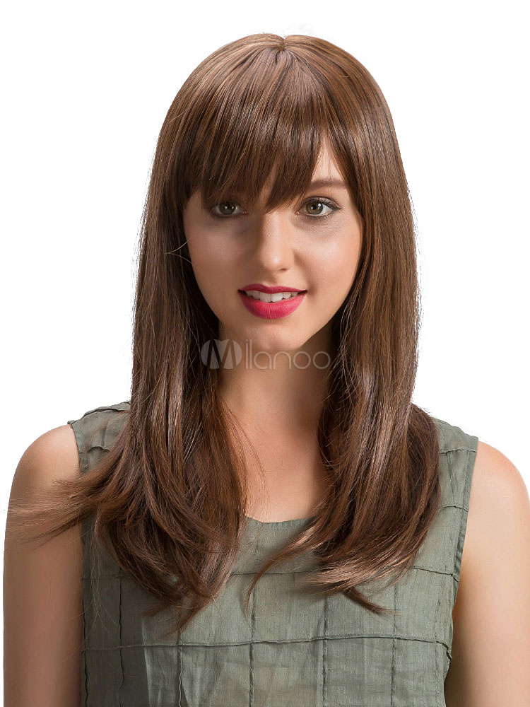 Long Synthetic Wig Side Swept Bangs Layered Straight Women S Deep Brown Wigs