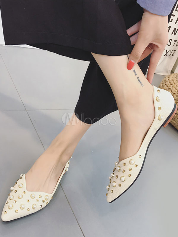 Pink Ballet Flats Women's Pointed Toe Pearls Slip On Flat Pumps