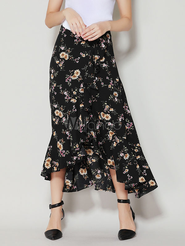 printed v collar high and low dress long skirt