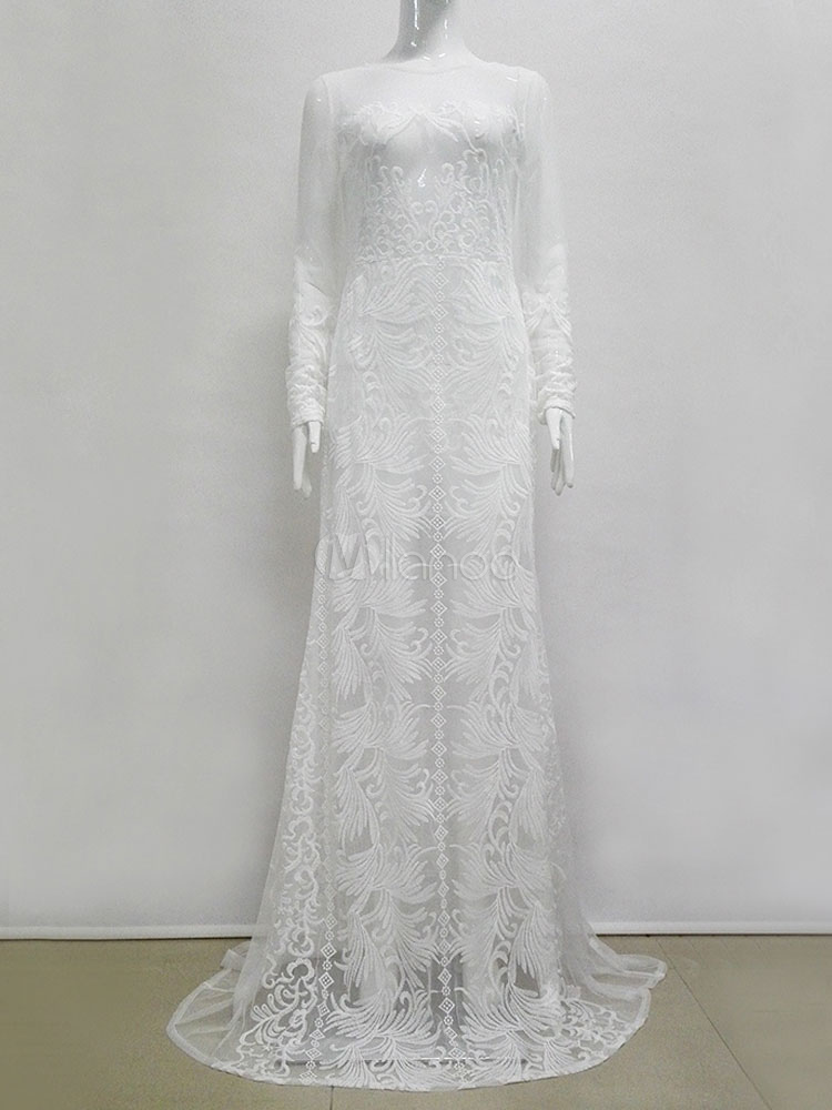 Lace Maxi Dress  White  Long Sleeve Round Neck Semi Sheer 