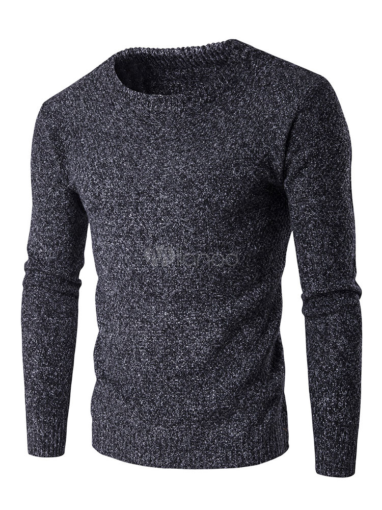 Dark Navy Pullover Sweater Round Neck Long Sleeve Slim Fit Knit Sweater ...