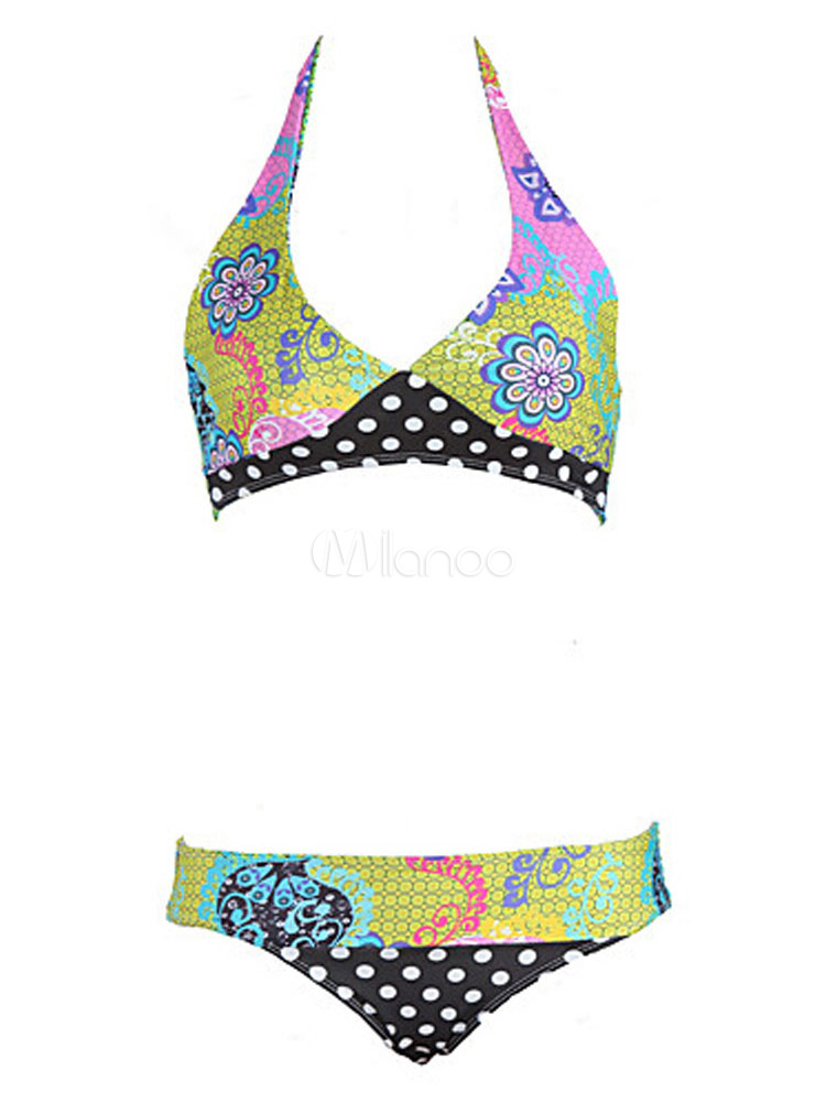 Bikini Estilo Estampado Playa De Mangas Con Escote Halter Poliéster Sin Verde Amarillo BCWrodxe