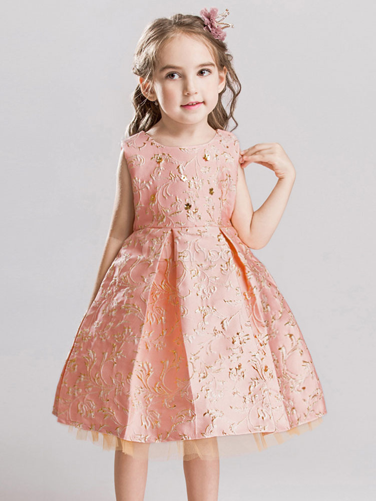 Flower Girl Dresses Blush Pink Jacquard Knee Length Pleated Kids