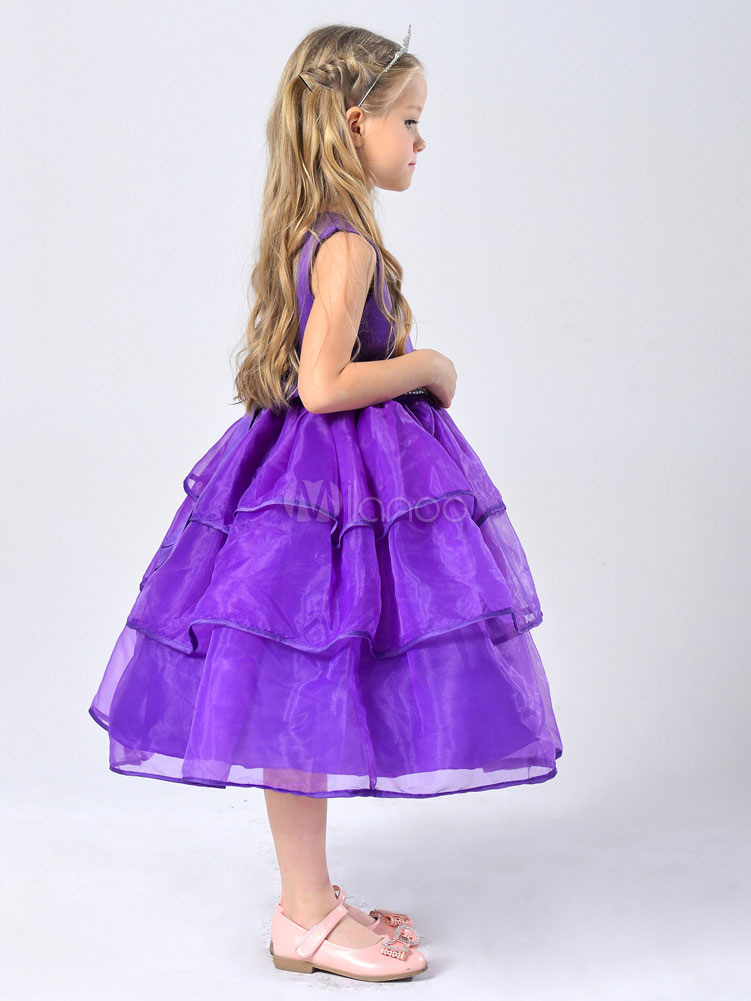 Flower Girl Dresses Purple Tiered Organza Kids Pageant Dresses Beading Tea Length Princess Party