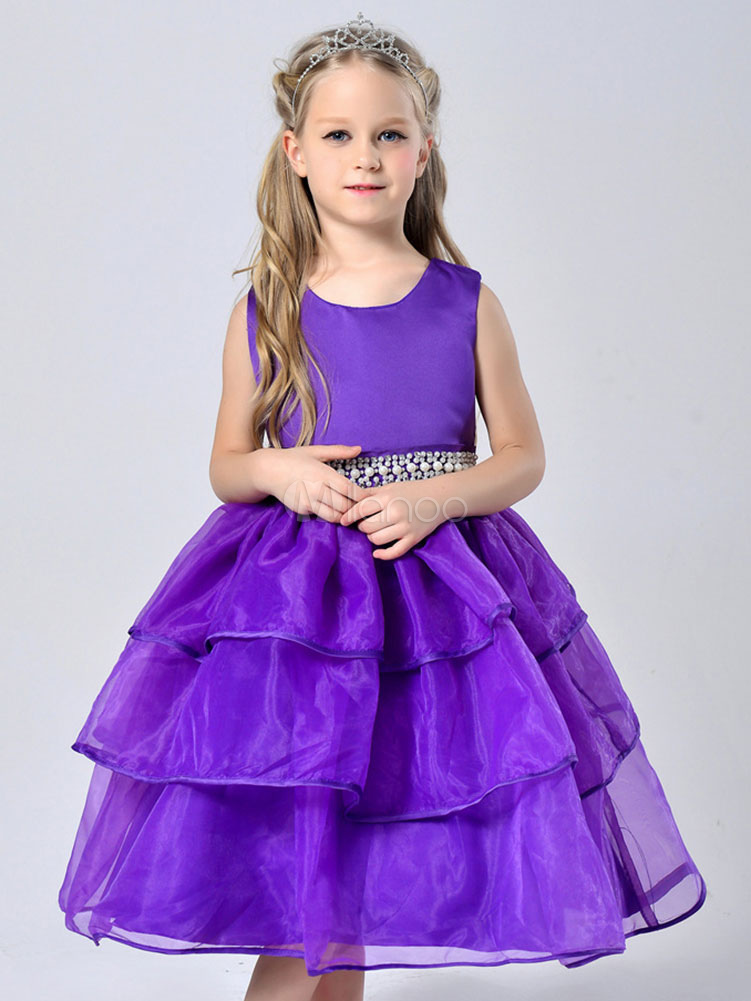 Flower Girl Dresses Purple Tiered Organza Kids Pageant Dresses Beading ...