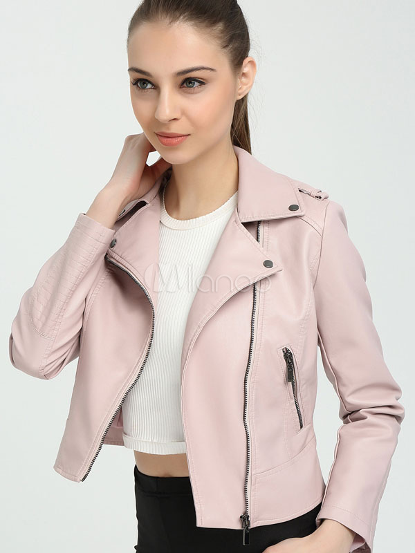 Women Leather Jacket Pink Turndown Collar Long Sleeve Spring Jacket ...