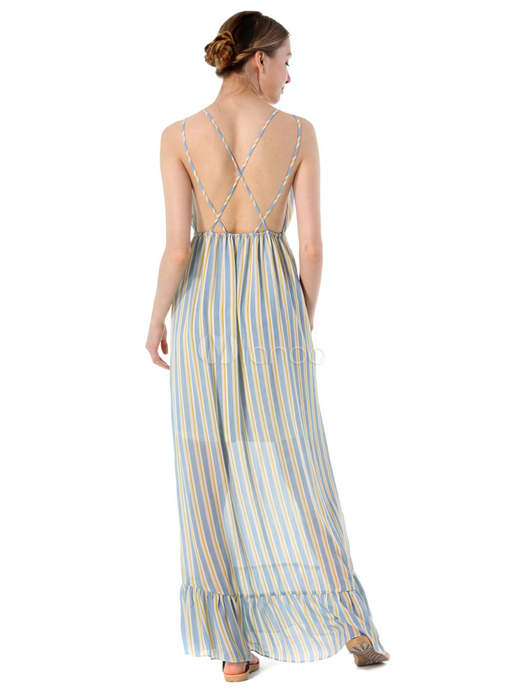 Summer Maxi Dress Light Blue Chiffon Plunging Neck Sleeveless Striped ...