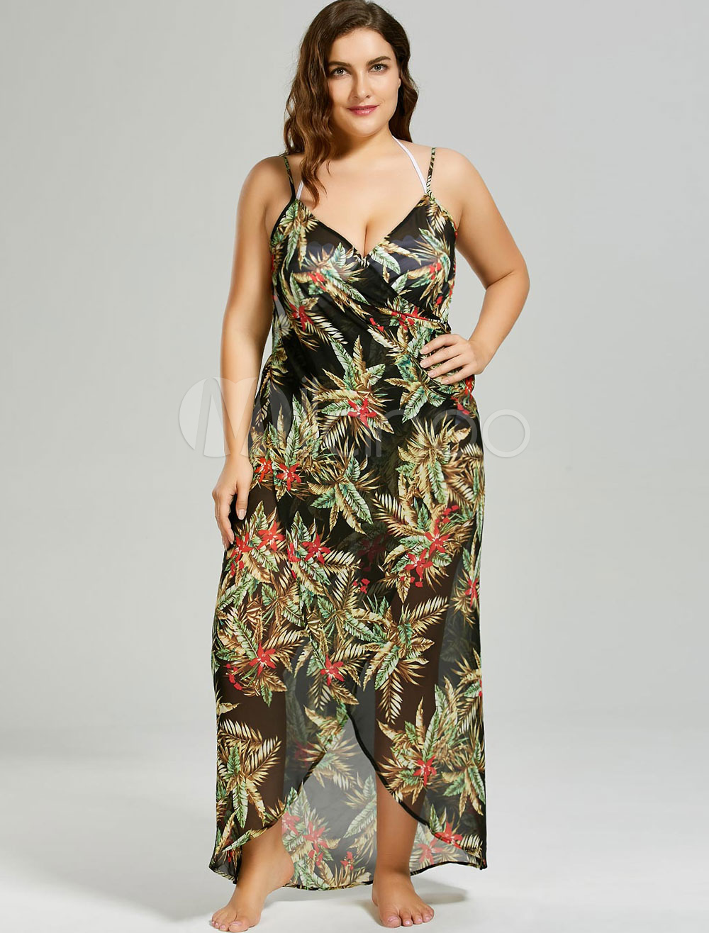 Vestido para gorditas sin mangas con tirantes con estampado estilo de playa para mujer Milanoo.com